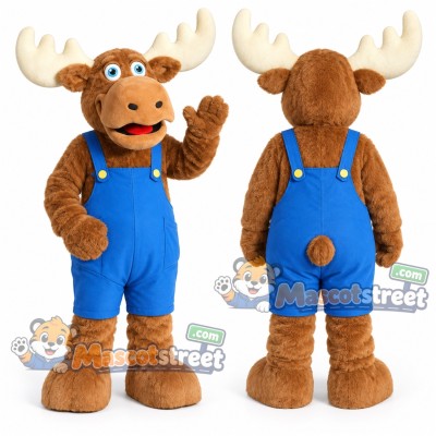 Tan Moose Mascot Costume with Blue Overalls Tan Moose Mascot Costume with Blue Overalls