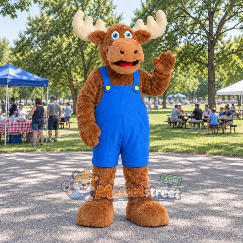 Tan Moose Mascot Costume with Blue Overalls Tan Moose Mascot Costume with Blue Overalls