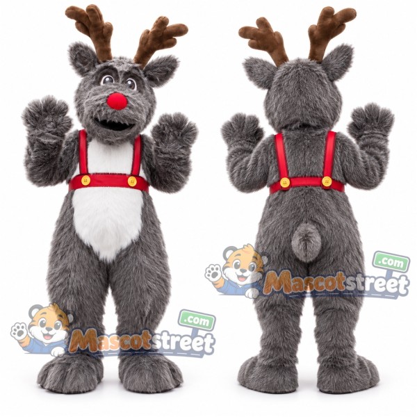 Gray Reindeer Mascot Costume with Red Harness