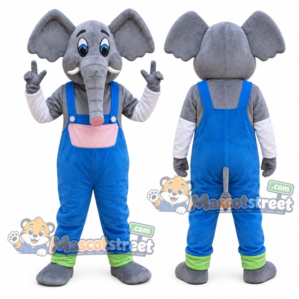 Gray Elephant Mascot Costume with Blue Overalls Gray Elephant Mascot Costume with Blue Overalls
