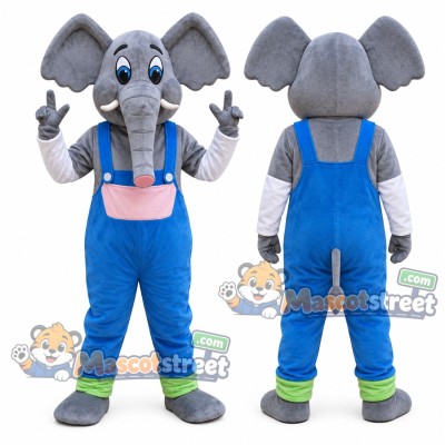Gray Elephant Mascot Costume with Blue Overalls Gray Elephant Mascot Costume with Blue Overalls
