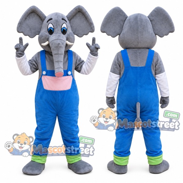Gray Elephant Mascot Costume with Blue Overalls