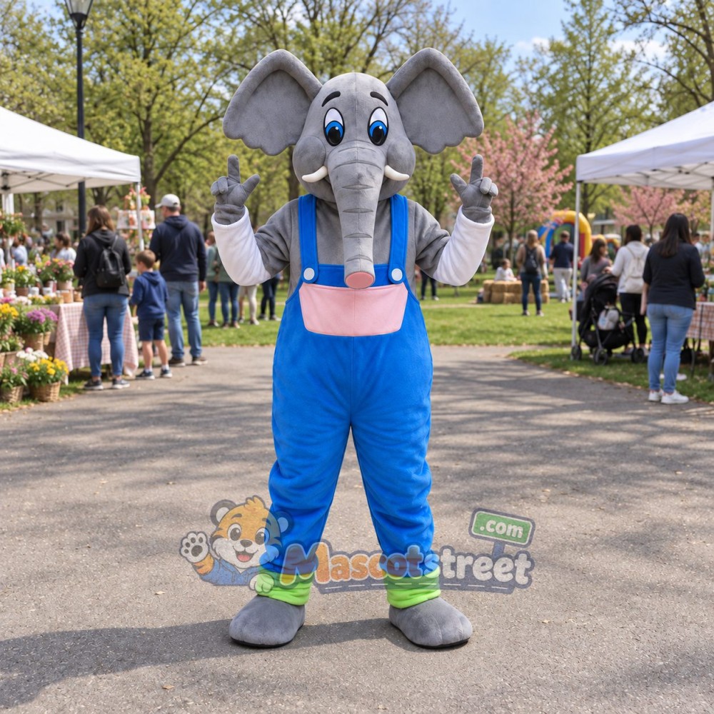 Gray Elephant Mascot Costume with Blue Overalls