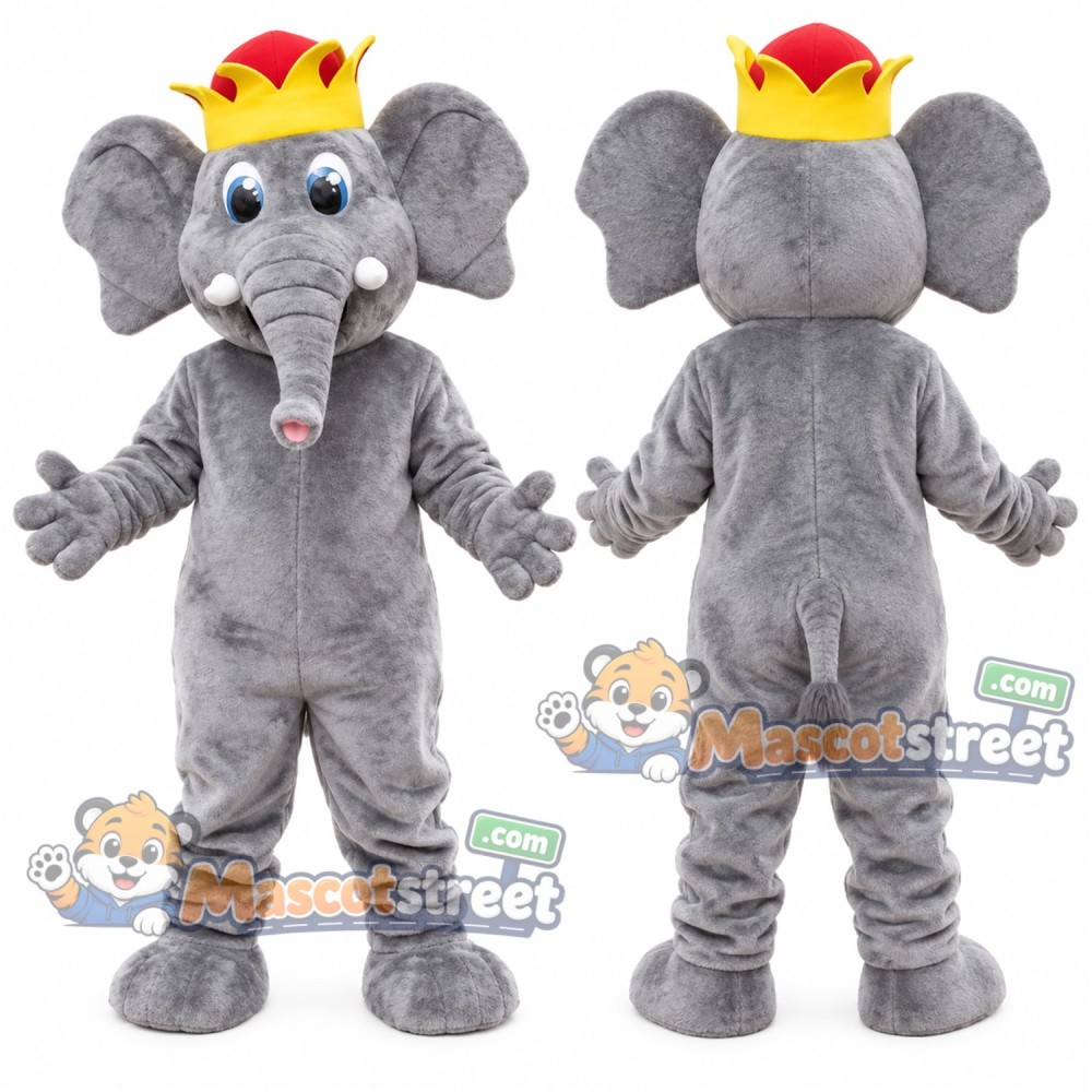 Gray Elephant King Mascot Costume with Crown Gray Elephant King Mascot Costume with Crown
