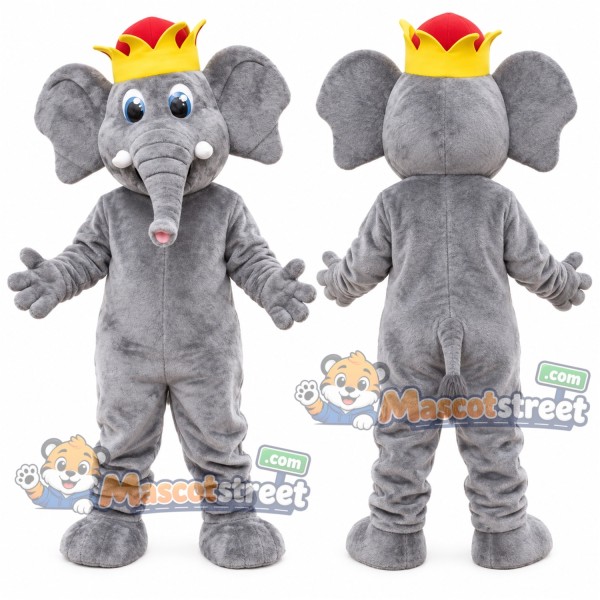 Gray Elephant King Mascot Costume with Crown