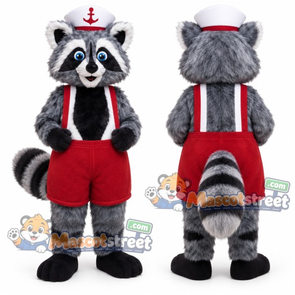 Gray Raccoon Sailor Mascot Costume with Red Shorts, Suspenders and Sailor Hat