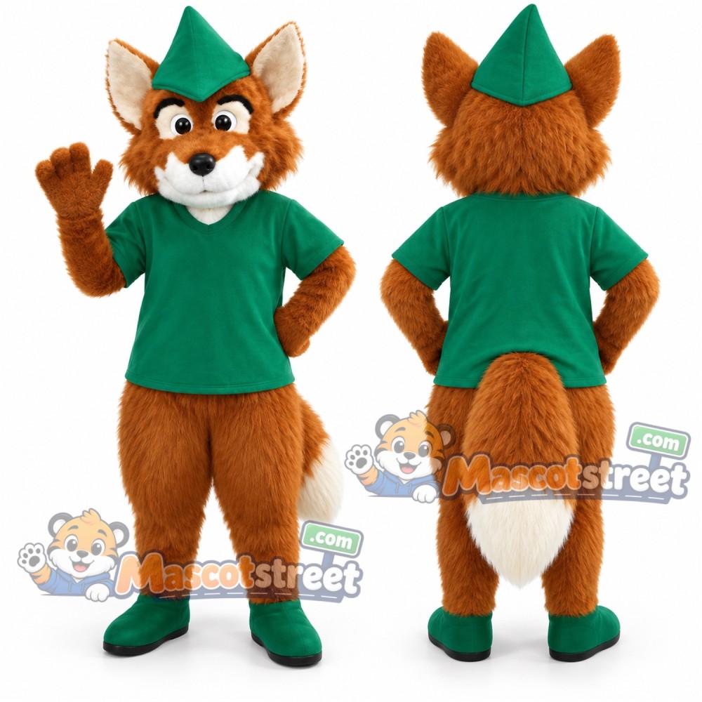 Orange Fox Mascot Costume with Green Shirt and Feathered Hat Orange Fox Mascot Costume with Green Shirt and Feathered Hat