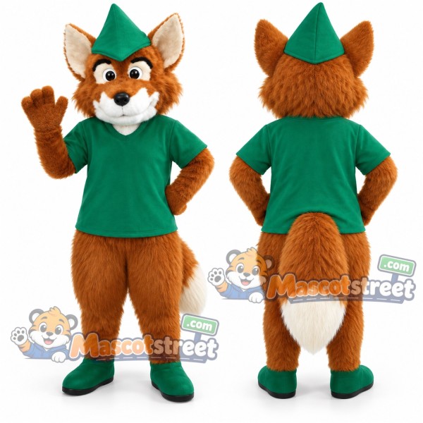Orange Fox Mascot Costume with Green Shirt and Feathered Hat