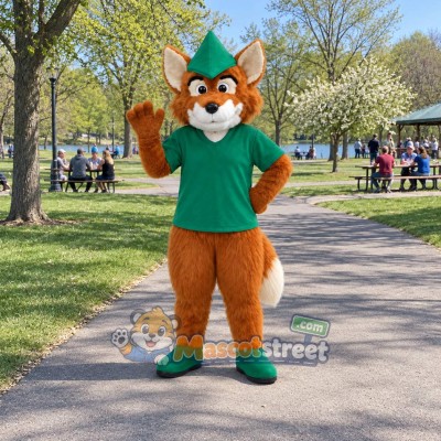 Orange Fox Mascot Costume with Green Shirt and Feathered Hat Orange Fox Mascot Costume with Green Shirt and Feathered Hat