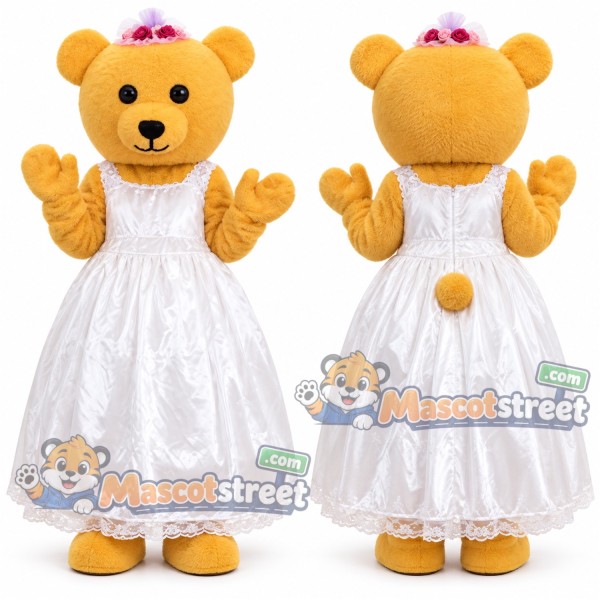 Golden Bear Bride Mascot Costume with White Wedding Dress