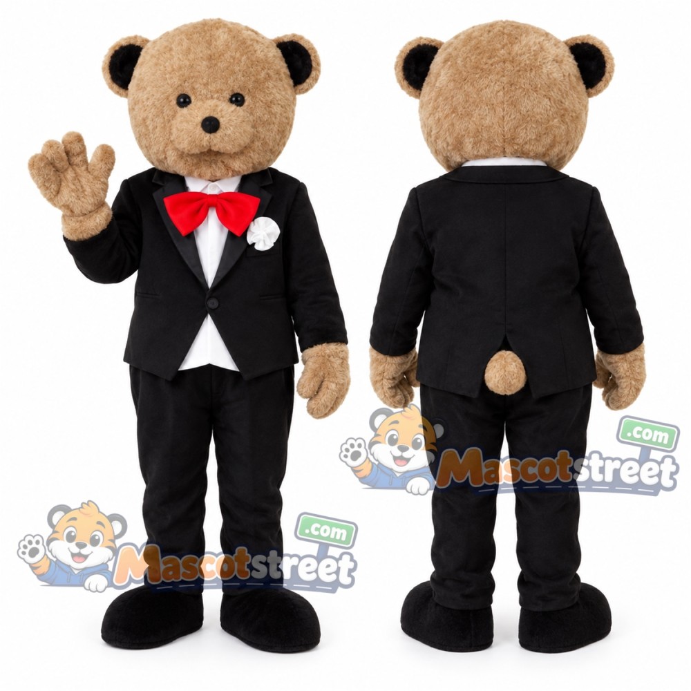Tan Bear Groom Mascot Costume with Black Tuxedo and Red Bow Tie
