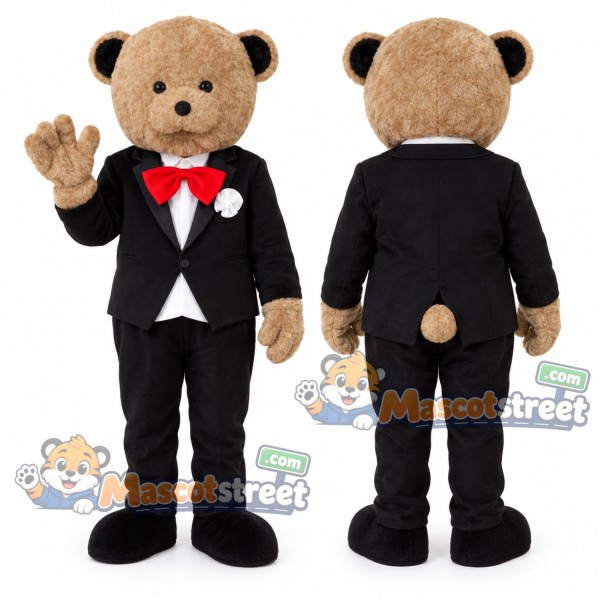 Tan Bear Groom Mascot Costume with Black Tuxedo and Red Bow Tie