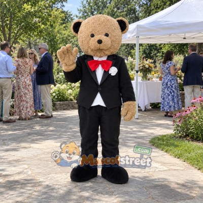Tan Bear Groom Mascot Costume with Black Tuxedo and Red Bow Tie
