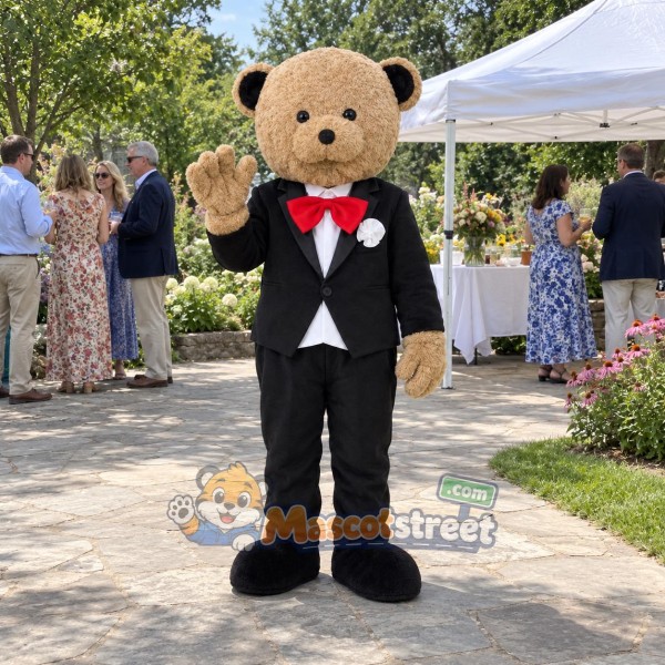 Tan Bear Groom Mascot Costume with Black Tuxedo and Red Bow Tie