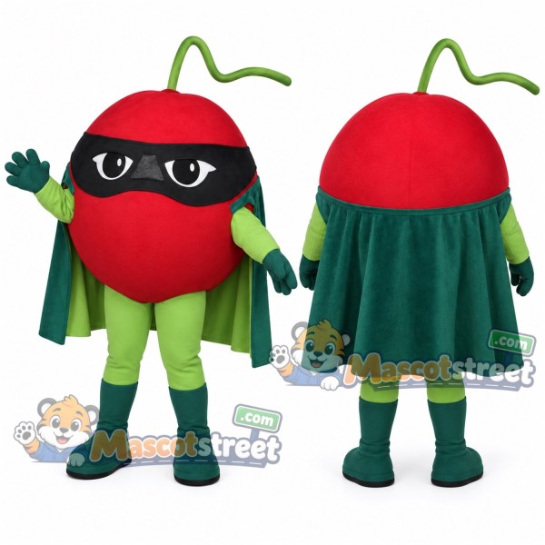 Red Cherry Superhero Mascot Costume with Green Cape and Black Eye Mask
