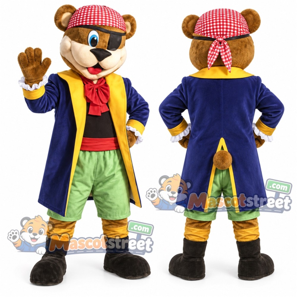 Brown Pirate Bear Mascot Costume with Blue Coat, Green Pants and Red Headscarf