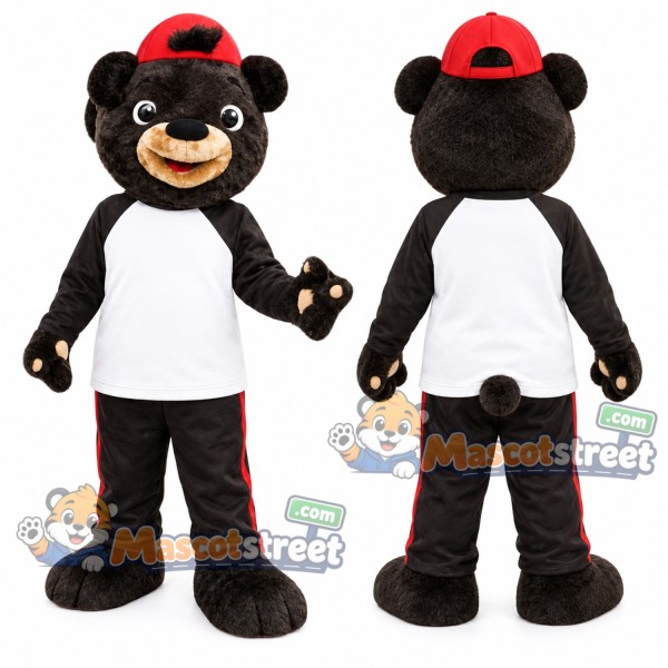 Black Bear Mascot Costume with White Shirt and Red Cap