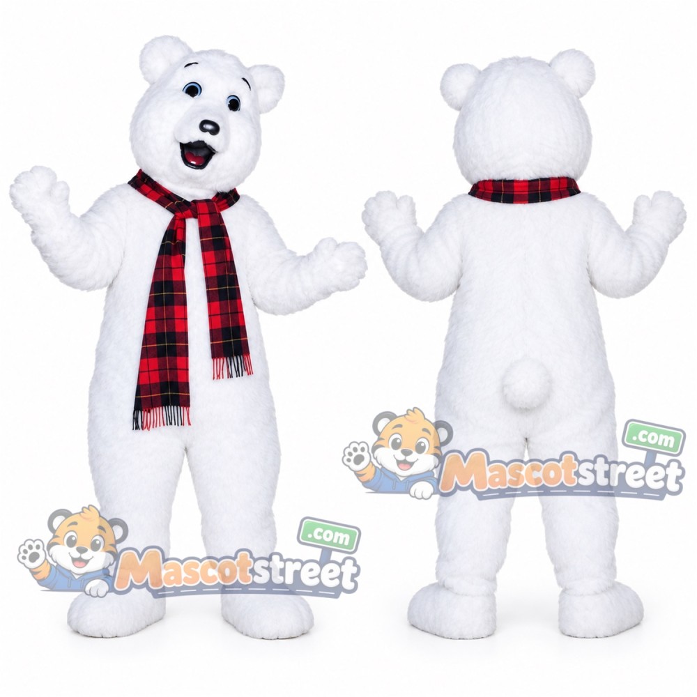 White Polar Bear Mascot Costume with Plaid Scarf White Polar Bear Mascot Costume with Plaid Scarf