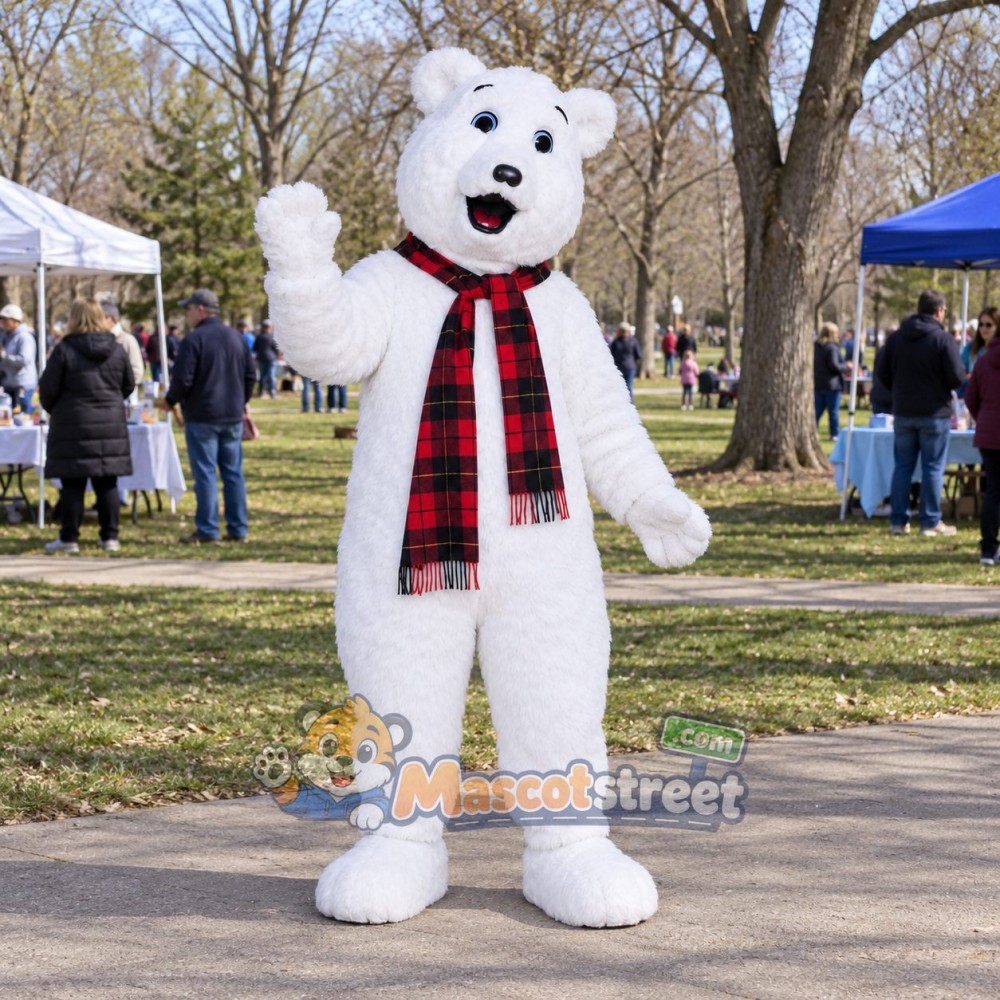 White Polar Bear Mascot Costume with Plaid Scarf