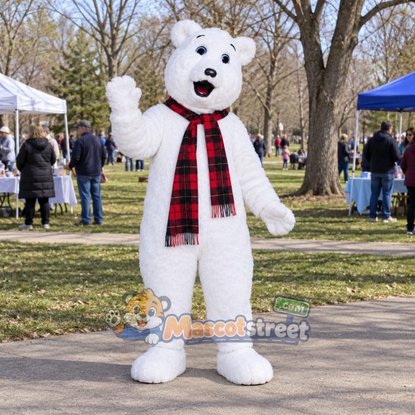 White Polar Bear Mascot Costume with Plaid Scarf