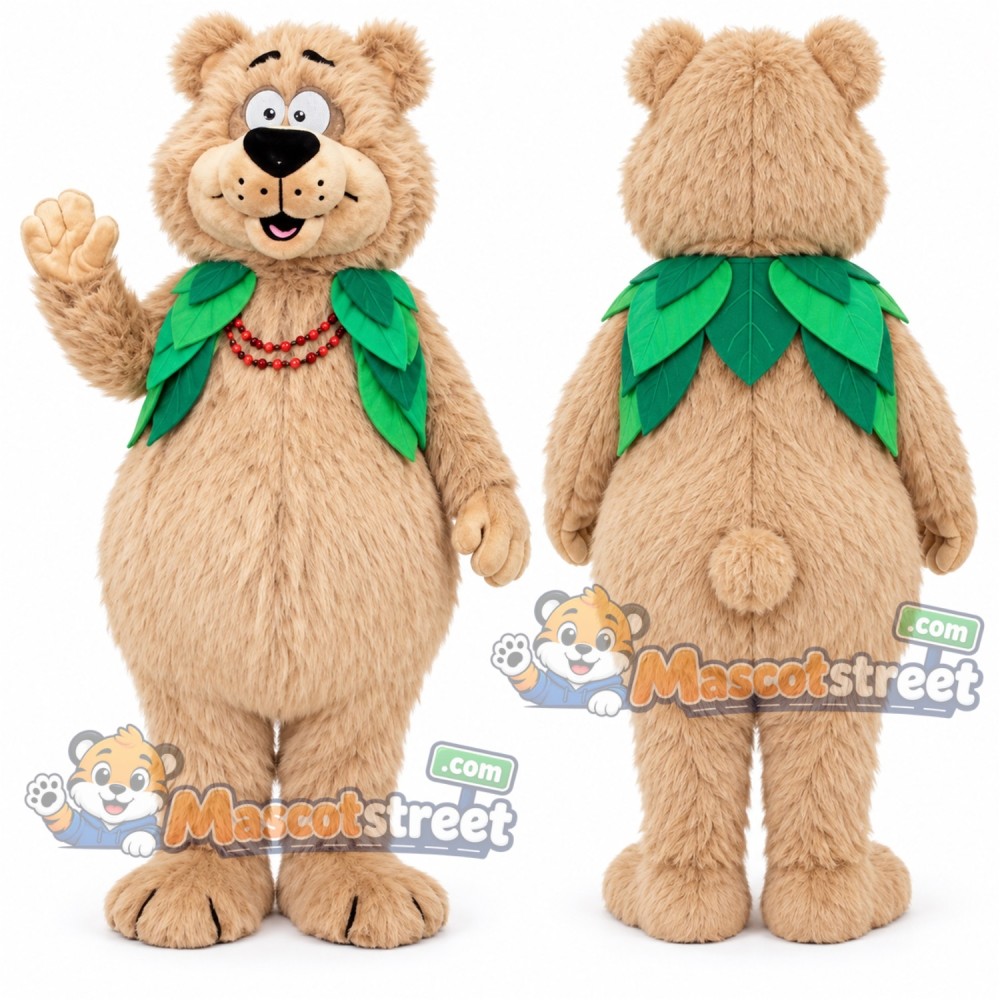 Tan Bear Mascot Costume with Green Leaf Collar