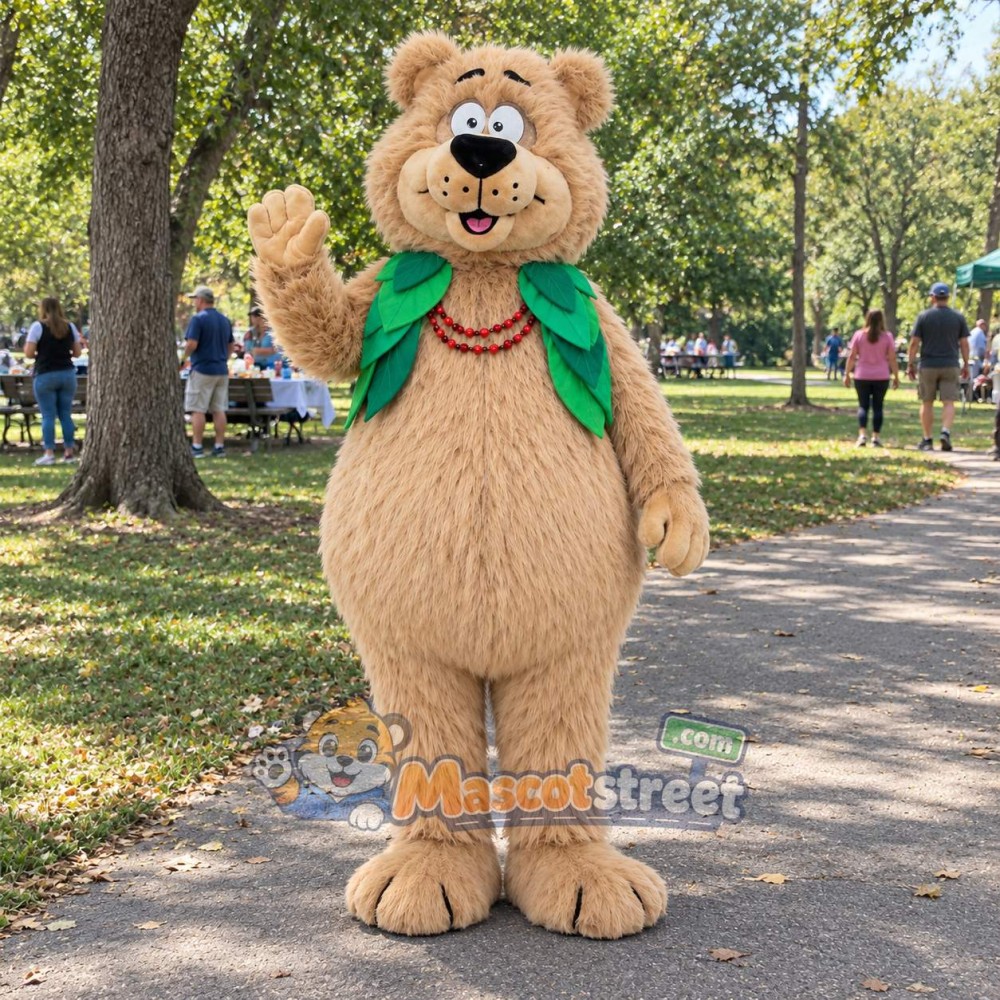 Tan Bear Mascot Costume with Green Leaf Collar Tan Bear Mascot Costume with Green Leaf Collar