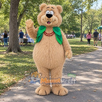 Tan Bear Mascot Costume with Green Leaf Collar Tan Bear Mascot Costume with Green Leaf Collar