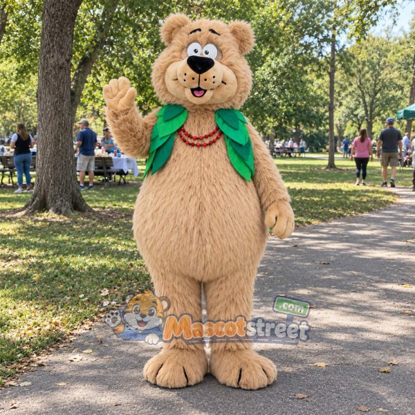 Tan Bear Mascot Costume with Green Leaf Collar
