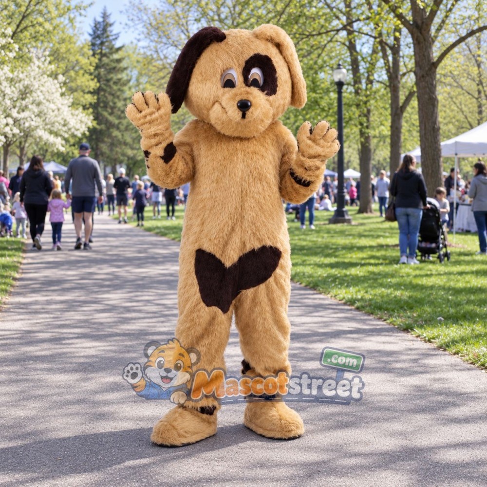 Tan Dog Mascot Costume with Black Bow Tie Tan Dog Mascot Costume with Black Bow Tie