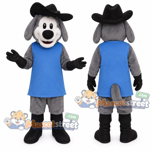 Gray Dog Musketeer Mascot Costume with Blue Tunic and Black Feathered Hat