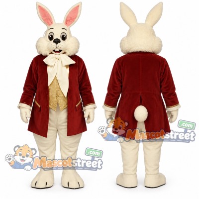 Cream Rabbit Mascot Costume with Burgundy Coat and Gold Vest