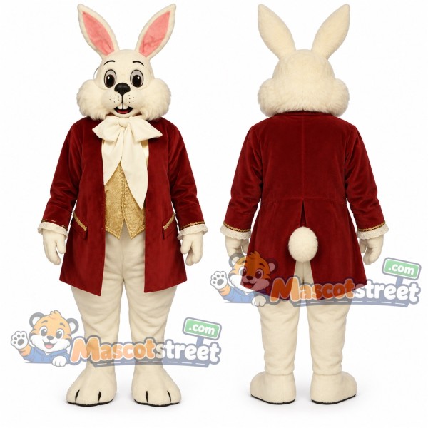 Cream Rabbit Mascot Costume with Burgundy Coat and Gold Vest