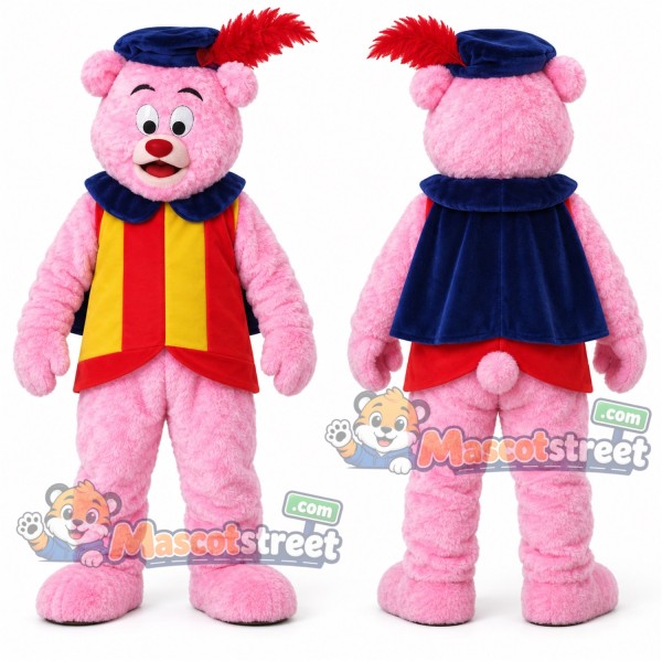 Pink Bear Mascot Costume with Yellow Vest, Blue Cape and Feathered Cap