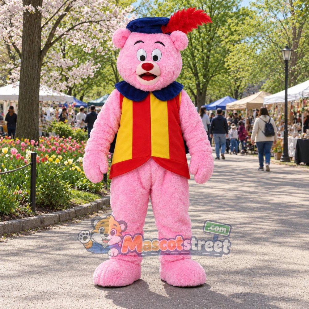 Pink Bear Mascot Costume with Yellow Vest, Blue Cape and Feathered Cap Pink Bear Mascot Costume with Yellow Vest, Blue Cape and Feathered Cap