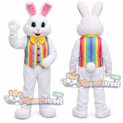 White Rabbit Mascot Costume with Rainbow Striped Vest White Rabbit Mascot Costume with Rainbow Striped Vest
