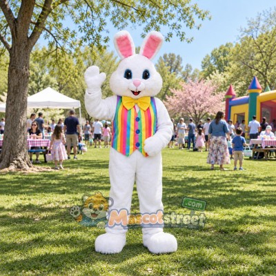 White Rabbit Mascot Costume with Rainbow Striped Vest White Rabbit Mascot Costume with Rainbow Striped Vest