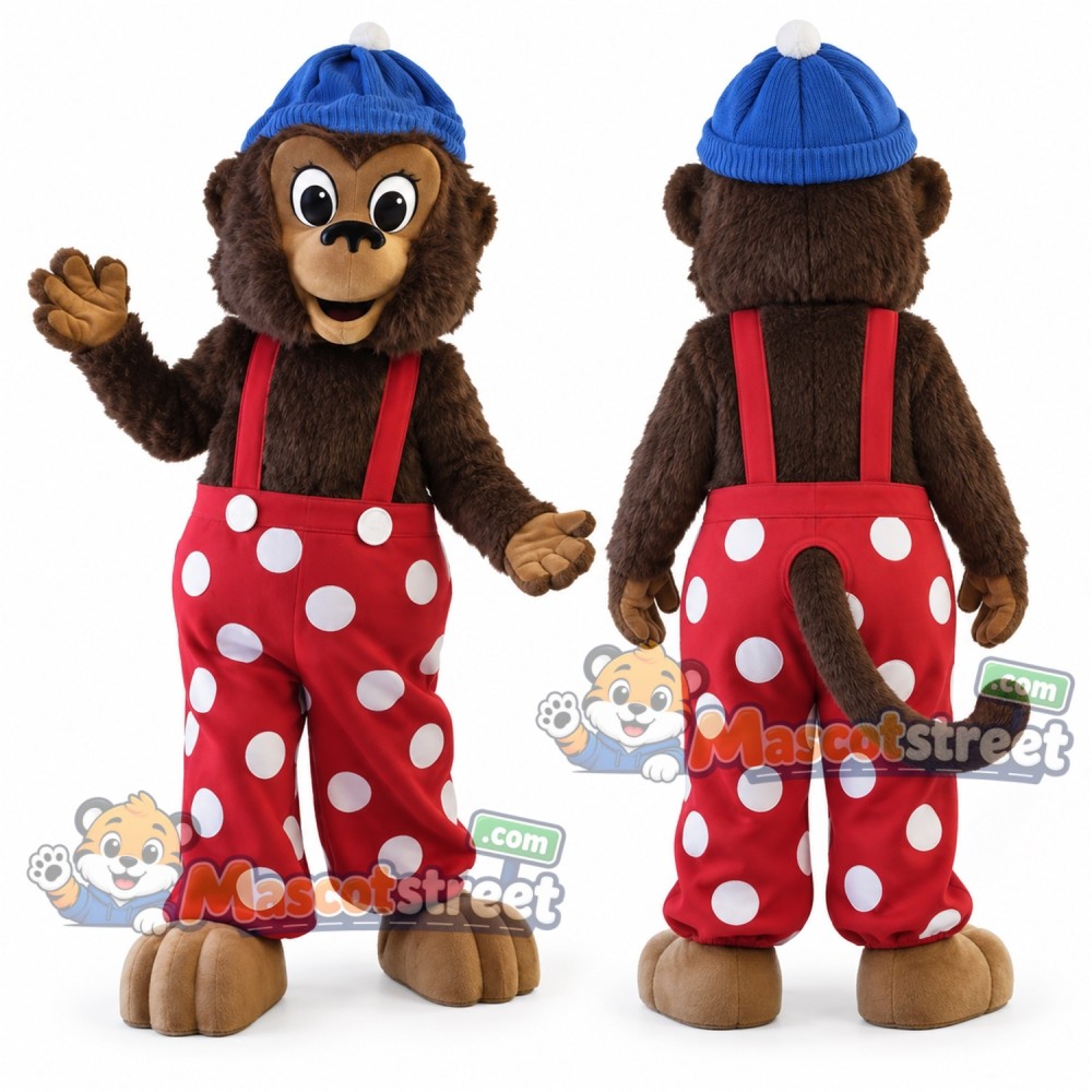 Brown Monkey Mascot Costume with Red Polka Dot Overalls and Blue Knit Hat Brown Monkey Mascot Costume with Red Polka Dot Overalls and Blue Knit Hat