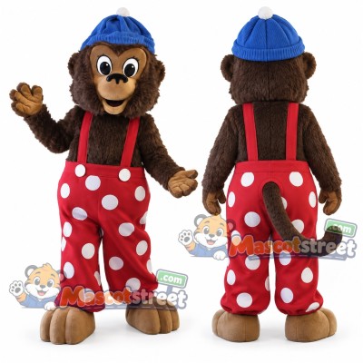 Brown Monkey Mascot Costume with Red Polka Dot Overalls and Blue Knit Hat Brown Monkey Mascot Costume with Red Polka Dot Overalls and Blue Knit Hat