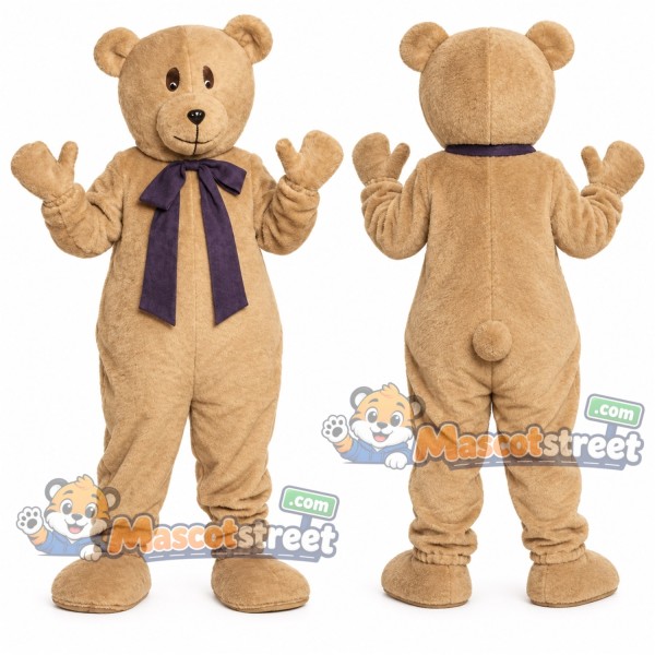 Tan Bear Mascot Costume with Purple Scarf