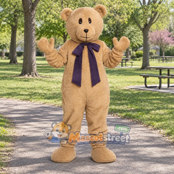 Tan Bear Mascot Costume with Purple Scarf