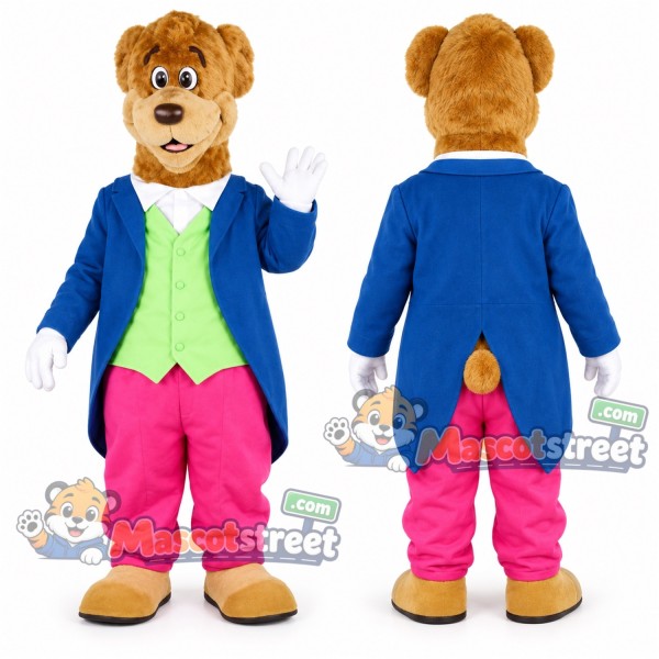 Tan Bear Mascot Costume with Blue Tailcoat, Green Vest and Pink Pants