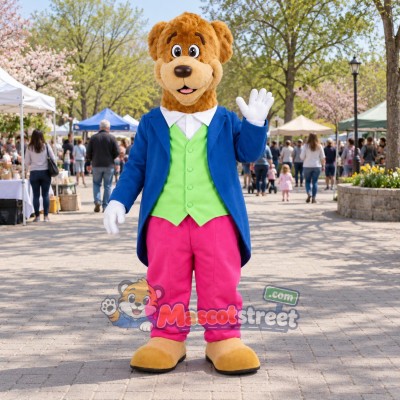 Tan Bear Mascot Costume with Blue Tailcoat, Green Vest and Pink Pants