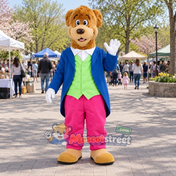 Tan Bear Mascot Costume with Blue Tailcoat, Green Vest and Pink Pants
