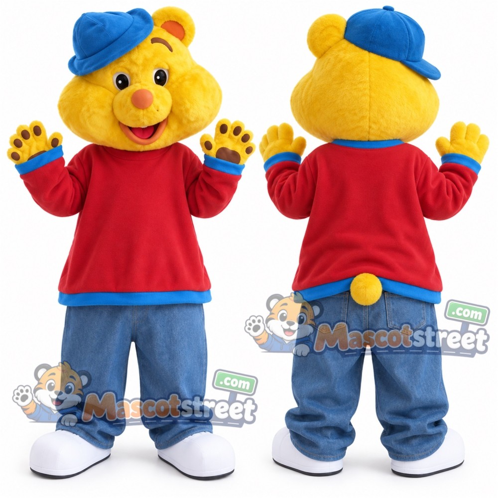 Yellow Bear Mascot Costume with Red Shirt, Blue Pants and Blue Hat Yellow Bear Mascot Costume with Red Shirt, Blue Pants and Blue Hat
