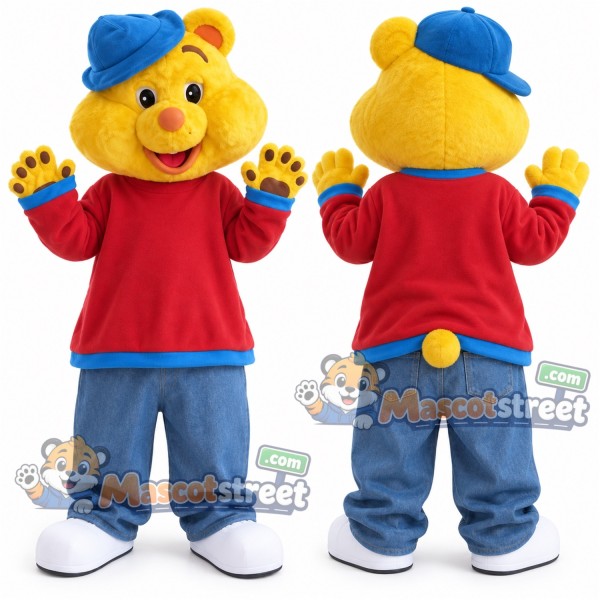 Yellow Bear Mascot Costume with Red Shirt, Blue Pants and Blue Hat