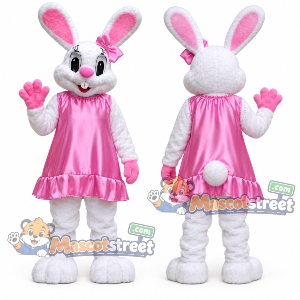 White Rabbit Mascot Costume with Pink Dress