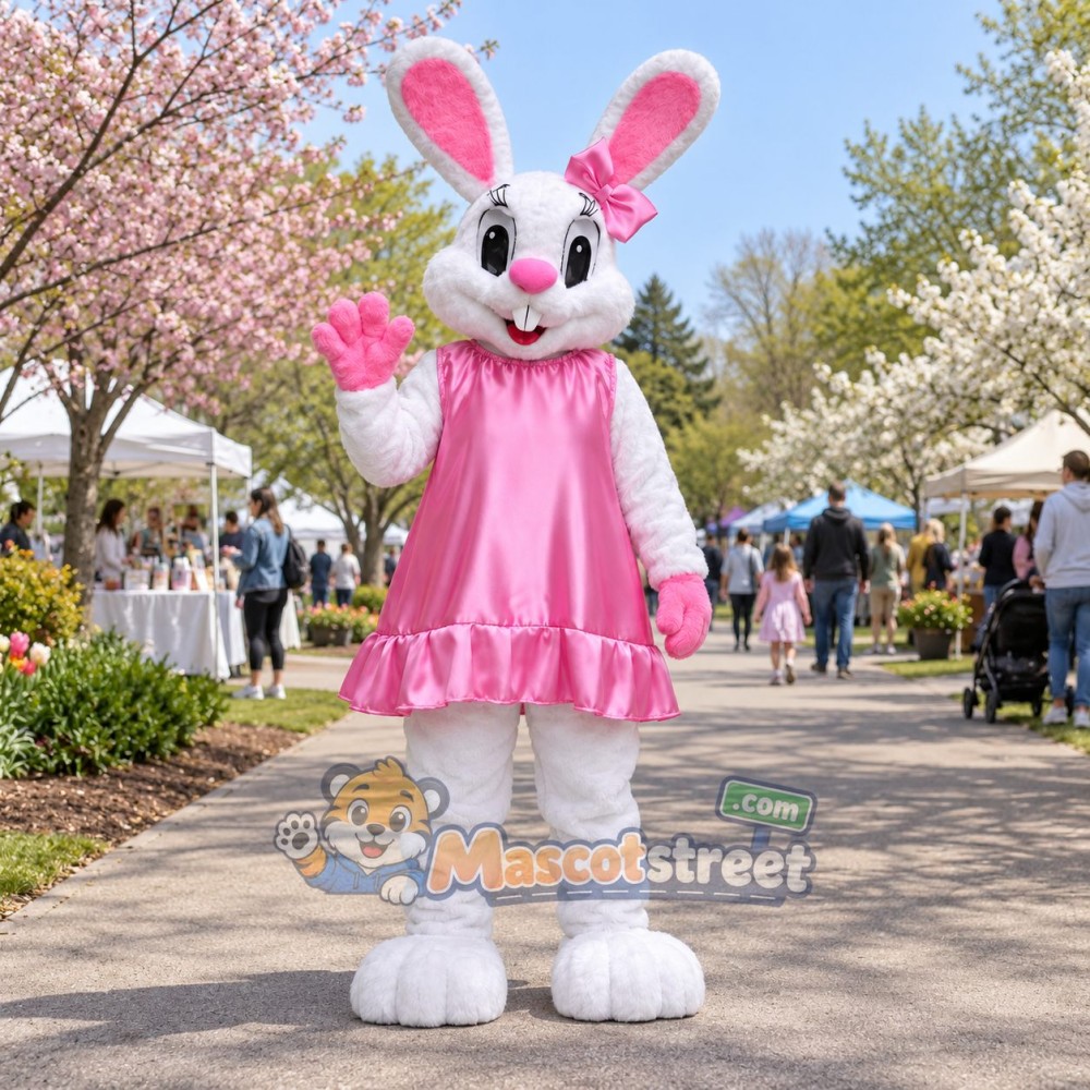 White Rabbit Mascot Costume with Pink Dress
