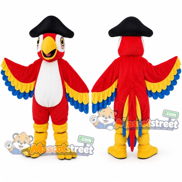 Red Parrot Pirate Mascot Costume with Black Tricorn Hat