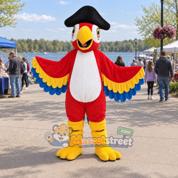 Red Parrot Pirate Mascot Costume with Black Tricorn Hat