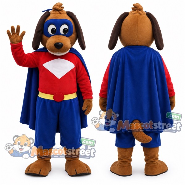 Brown Superhero Dog Mascot Costume with Red Shirt, Blue Shorts, Blue Cape and Eye Mask